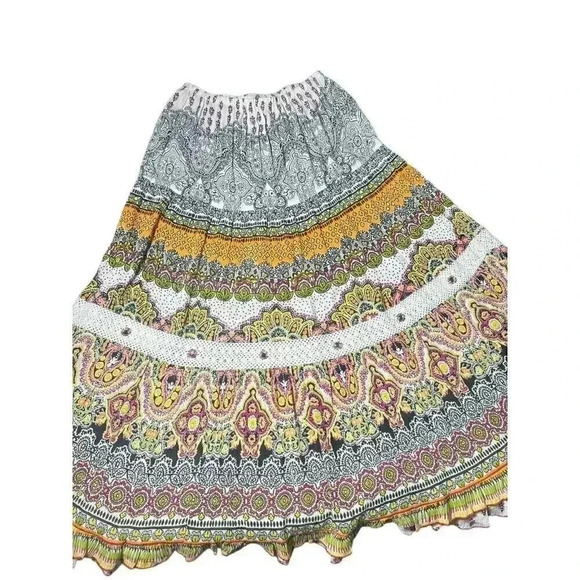 FORBIDDEN LOS ANGELES Maxi Skirt M Tiered Long Beaded Orange Pink Embellished - Picture 11 of 12